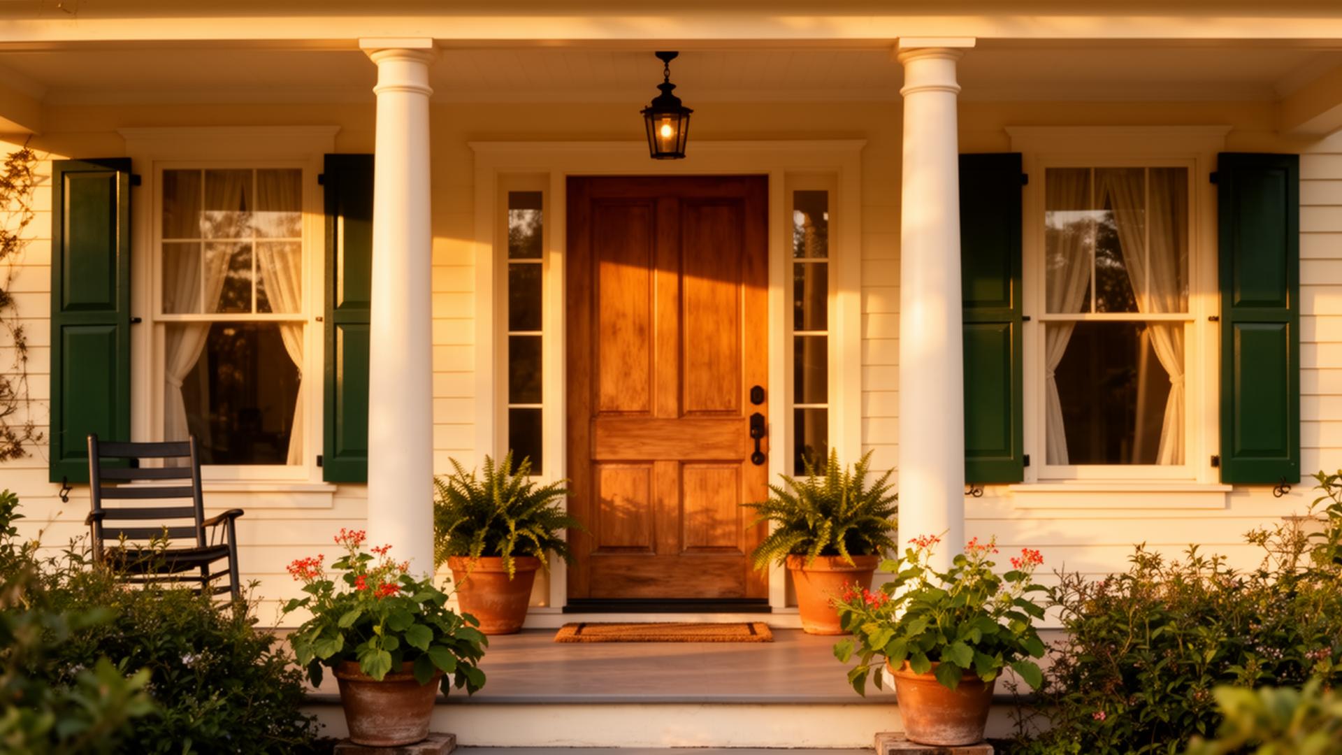Welcoming front porch of a Decatur rental home at golden hour